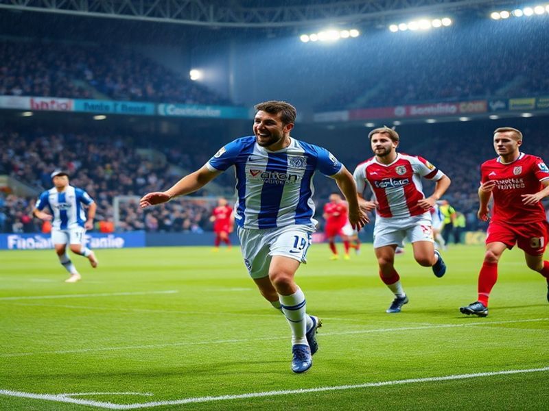 A dynamic football match scene at night, featuring Porto in blue and Nottingham Forest in red, with players in mid-action, a