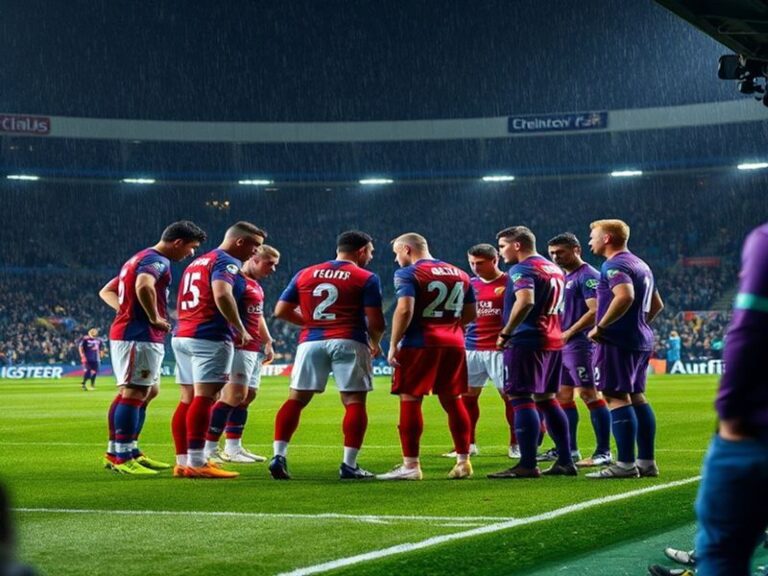A vibrant stadium scene featuring both teams in action, with Crystal Palace in their red and blue kit and Fiorentina in purpl