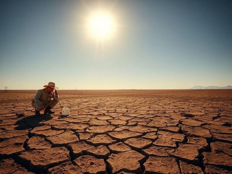 A split-image visualization showing contrasting weather impacts: on the left, cracked earth from drought in Australia; on the