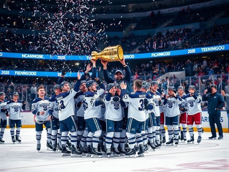 A dynamic shot of a packed college hockey arena during a Frozen Four semifinal game, with players in mid-action, fans in team