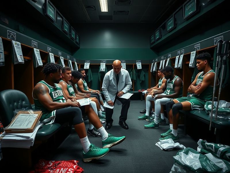 A Boston Celtics player in a green jersey sitting on the bench with an ice pack on their knee, while a team trainer attends t