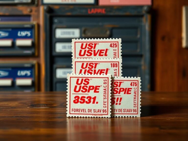 A close-up of a hand holding a First-Class USPS stamp next to a red mailbox, with a USPS delivery truck blurred in the backgr