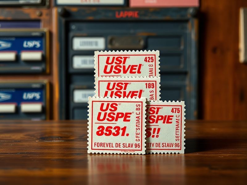 A close-up of a hand holding a First-Class USPS stamp next to a red mailbox, with a USPS delivery truck blurred in the backgr