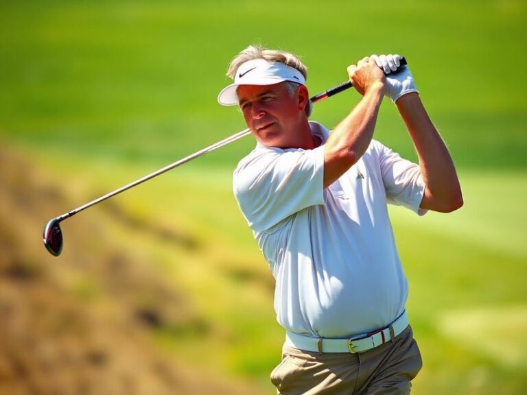 A dynamic action shot of Fuzzy Zoeller mid-swing at the Masters, with Augusta National’s iconic pines in the background, capt