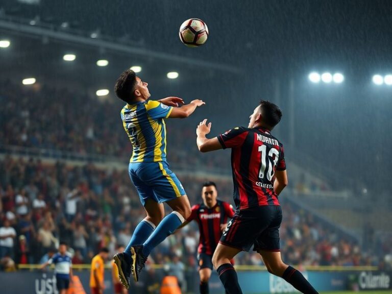 A vibrant stadium scene featuring Rosario Central's red and blue colors clashing with Independiente del Valle's green and whi
