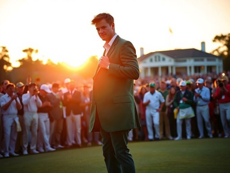 A focused portrait of Justin Rose on the 18th green at Augusta National during twilight, wearing a dark cap and golf attire,