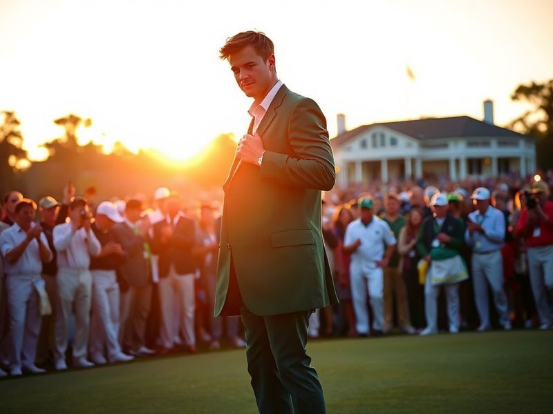 A focused portrait of Justin Rose on the 18th green at Augusta National during twilight, wearing a dark cap and golf attire,