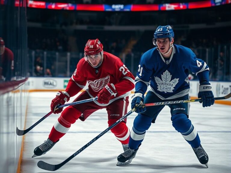 A split-screen image showing a Flyers player in orange and black mid-check against a Red Wings player in red and white, with