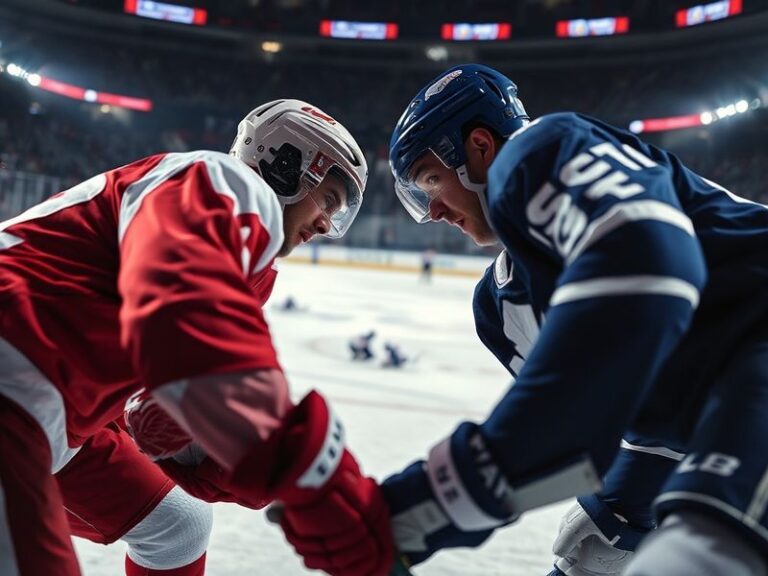 A split-screen image showing the Philadelphia Flyers' Broad Street Bullies era in the 1970s on one side, and the Detroit Red