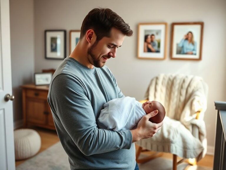 A candid photo of Scottie Scheffler holding his infant son during a golf event, with a soft, warm lighting that highlights th