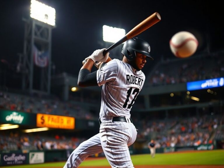 Luis Robert Jr. mid-swing in a White Sox uniform, captured at Wrigley Field during a sunny afternoon game. He’s in his battin