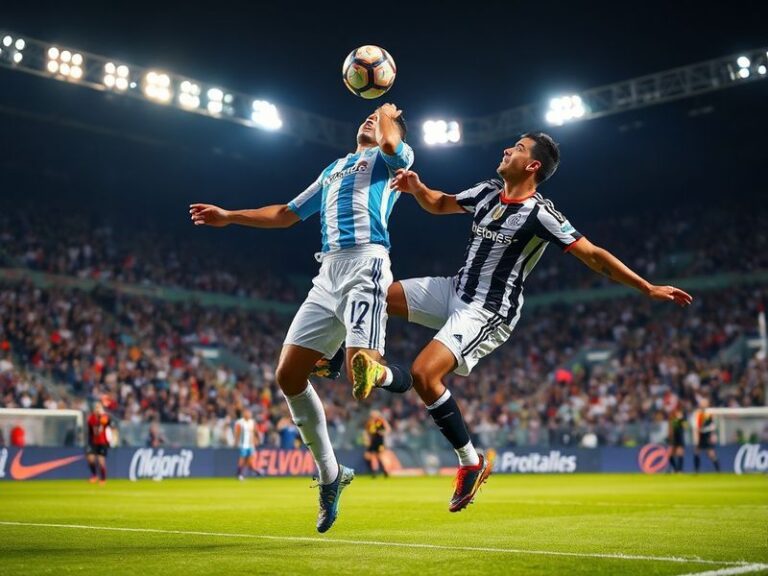 A vibrant stadium scene showing Platense and Corinthians players on the pitch, with fans in the stands holding banners and fl