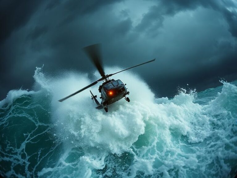 A split-screen image: the left side shows a massive hurricane swirling over the ocean with lightning in the clouds; the right