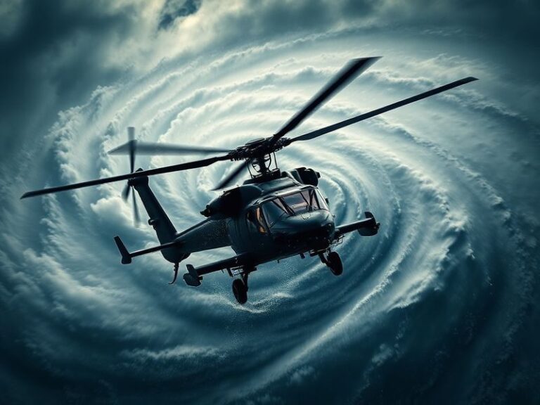 A split-image composition: on one side, a dramatic hurricane over the ocean with dark, swirling clouds; on the other, a Chica