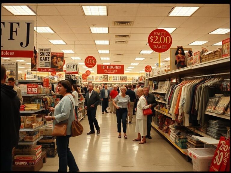 A vibrant retail store interior of TJ Hughes, showcasing colorful displays of home goods, clothing, and accessories in a well