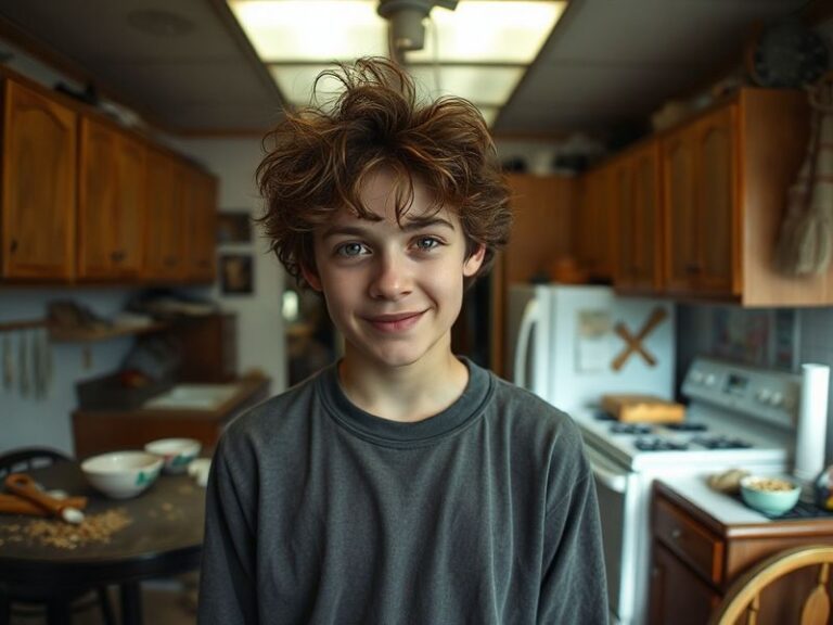 A split-screen of the Wilkerson family in their cluttered kitchen, juxtaposed with a modern-day family in a similar setting,