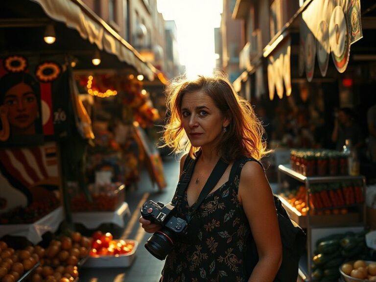 A vibrant, candid photo of Juliette Mafs in a casual setting, perhaps mid-laugh while recording a video, with her smartphone