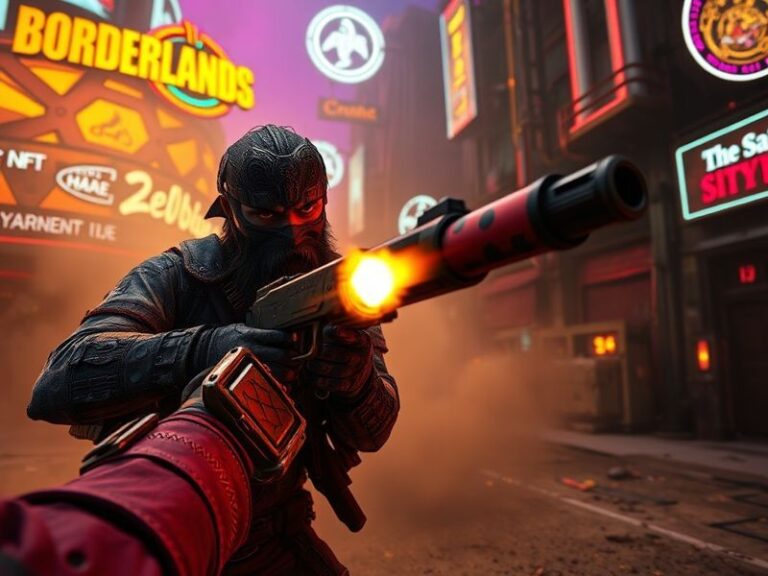 A vibrant promotional image of Borderlands Mobile featuring Vault Hunters in action, with cel-shaded graphics and exaggerated