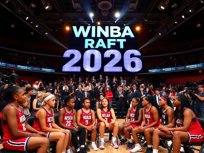 A dynamic WNBA Draft stage with team logos illuminated, featuring a top prospect in a jersey holding a basketball, surrounded