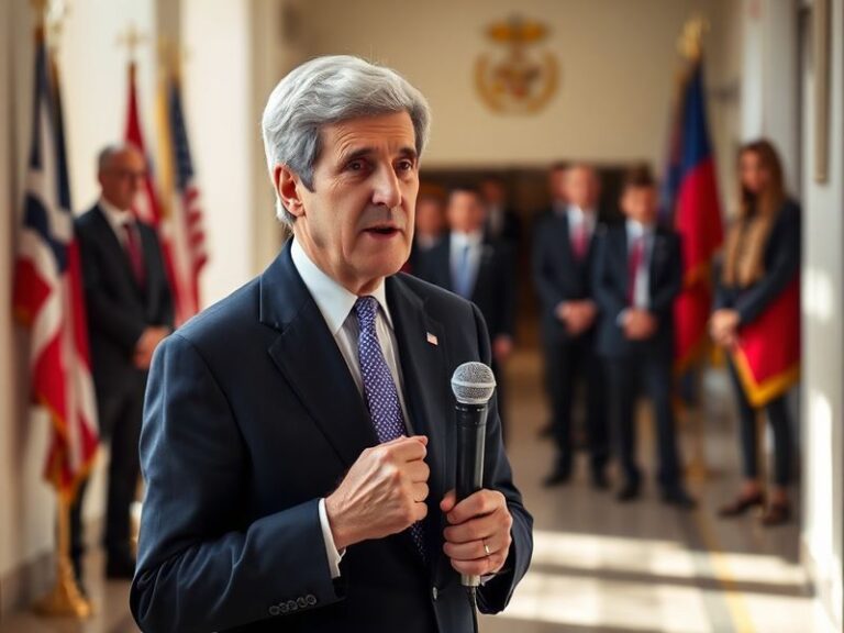 A portrait of John Kerry in profile, dressed in a suit and tie, standing outdoors with an American flag in the background. Th