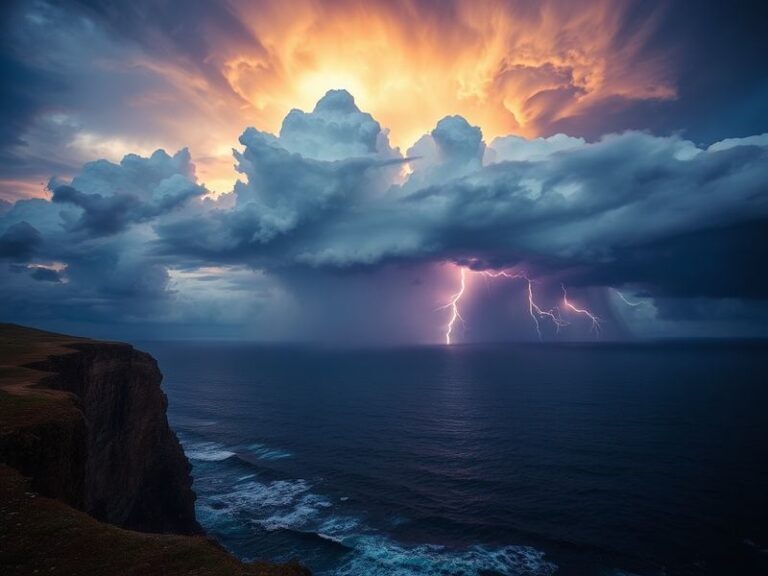 A split-image showing contrasting weather effects: on the left, green fields in California with storm clouds looming; on the