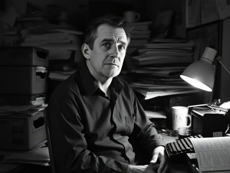A black-and-white photograph of Tom Junod sitting at a desk, pen in hand, surrounded by stacks of papers and books. The setti