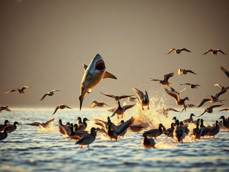 A split-image composition: on one side, a great white shark breaching the water with teeth visible; on the other, a mallard d