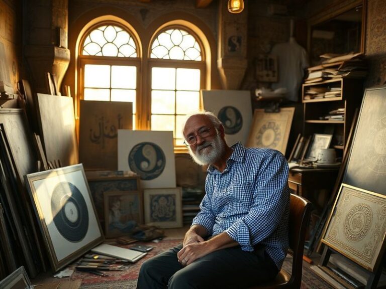 A contemplative studio scene of Michael Hage painting at an easel, surrounded by half-finished canvases with soft, glowing fi