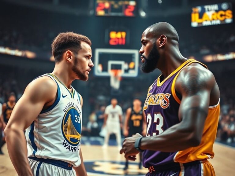 A split-screen image showing Stephen Curry in a Warriors jersey on one side and LeBron James in a Lakers jersey on the other,