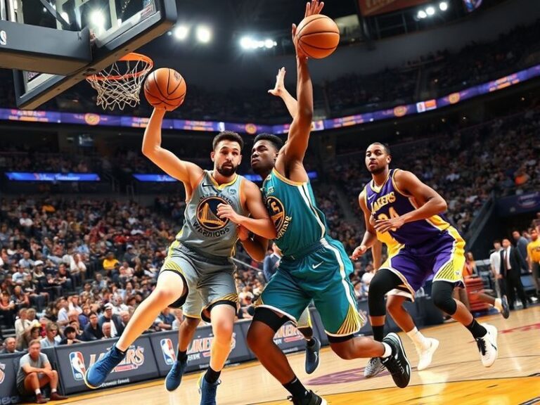 A dynamic action shot of Stephen Curry and LeBron James competing in a Warriors vs Lakers game, with the Warriors' blue and g