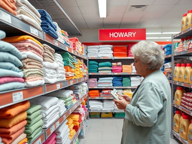 A bright, modern supermarket aisle in the UK, with blue ASDA branding prominently displayed on shelves stocked with colorful