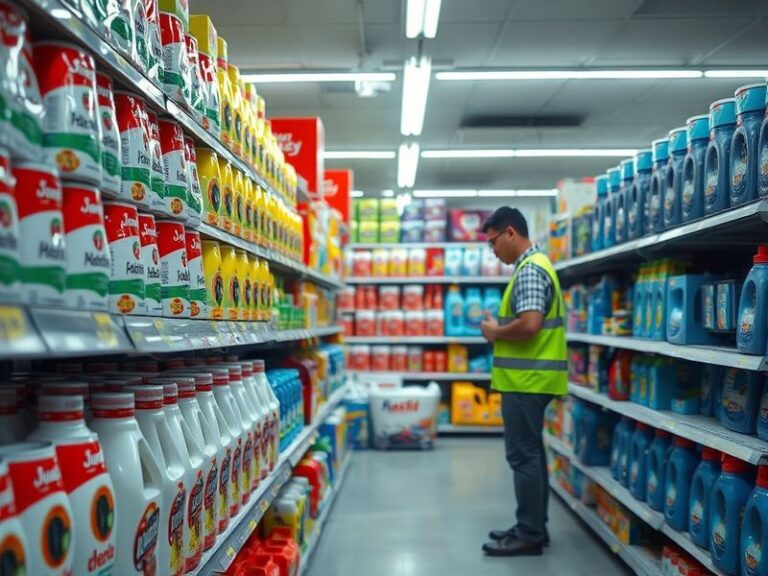A clean, modern Asda store interior with a dedicated laundry drop-off counter. A store employee in uniform hands a pre-printe