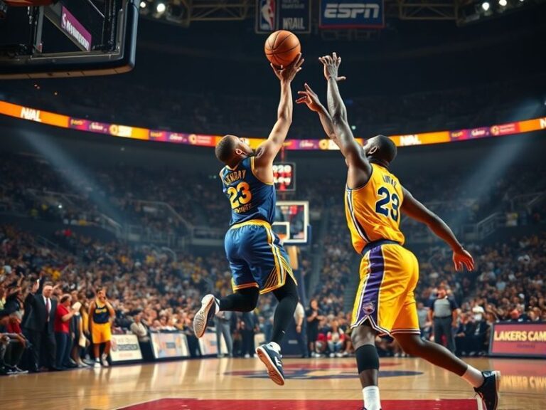 A dynamic photo of Stephen Curry (Warriors) and LeBron James (Lakers) in mid-play, with the Oracle Arena and Crypto.com Arena