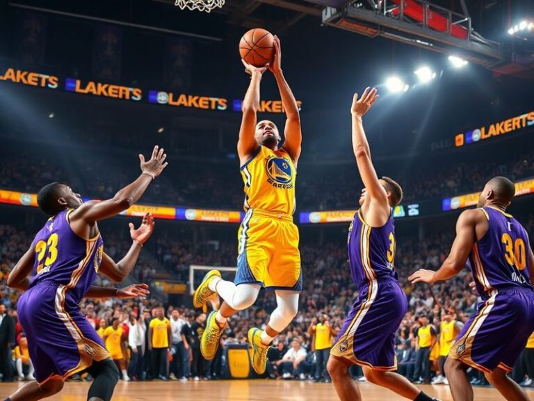 A split-screen image of Stephen Curry (Warriors) and LeBron James (Lakers) mid-game, with Warriors' blue and yellow colors on