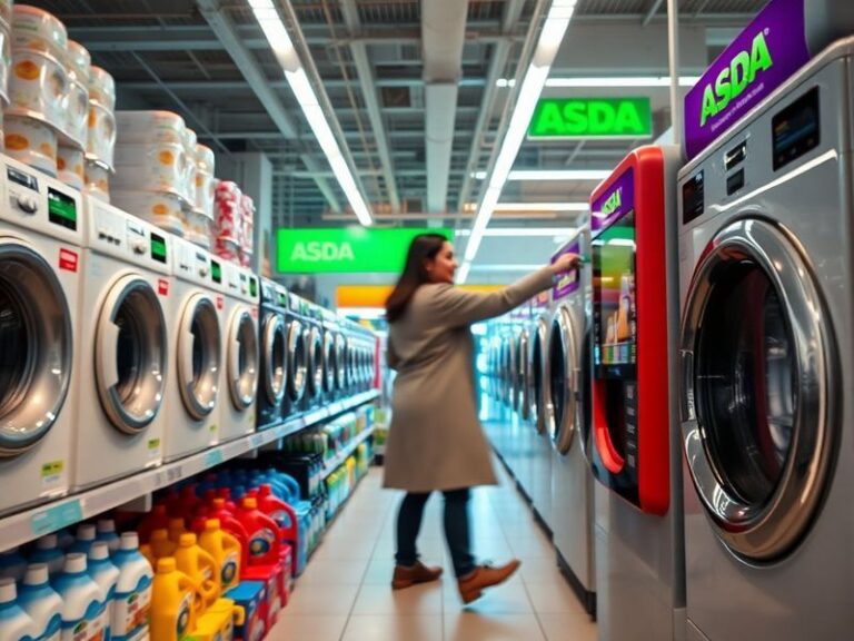 A neatly arranged supermarket shelf displaying ASDA laundry detergent bottles in various sizes, with a focus on the bright ye