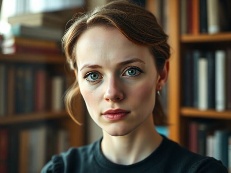 A cinematic portrait of Carey Mulligan in a thoughtful, mid-shot pose, wearing a stylish yet understated outfit. The backgrou