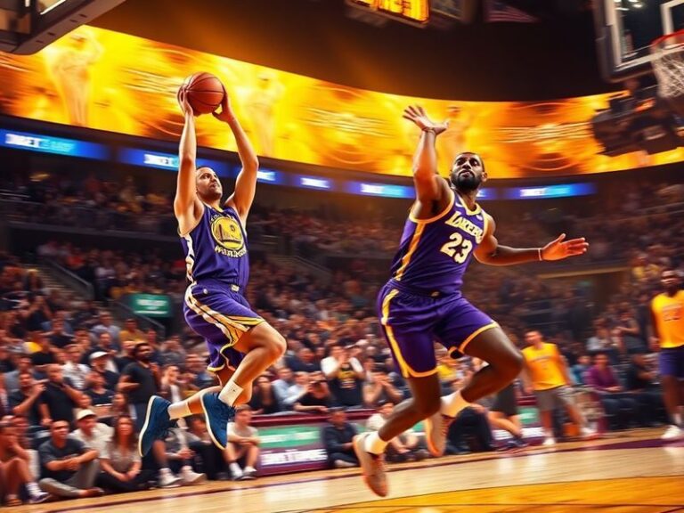 A split-screen image of Stephen Curry and LeBron James in mid-play, with the Warriors' blue and gold on one side and the Lake