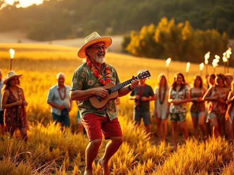 A vibrant outdoor stage set against a lush Hawaiian backdrop, with hula dancers in traditional attire performing under bright