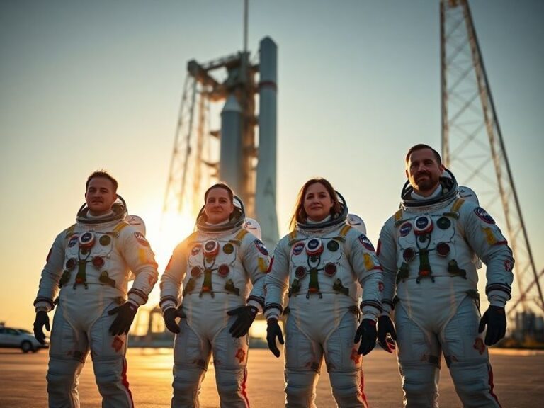 A group of four astronauts in white NASA spacesuits standing in front of the Orion spacecraft and the SLS rocket at Kennedy S