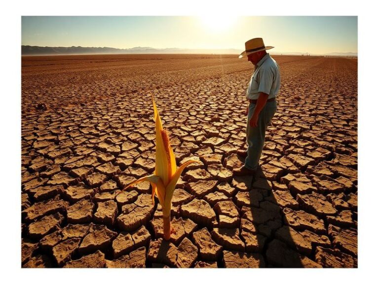 Aerial view of a flooded coastal town with dark storm clouds overhead, palm trees bending in strong winds, and emergency resp