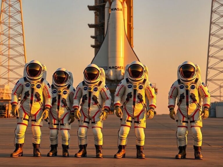 A group photo of the four Artemis II astronauts in their Orion spacecraft training suits, standing in front of a backdrop of