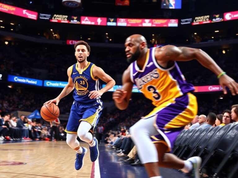A dynamic NBA court scene featuring Golden State Warriors and Los Angeles Lakers players in action, with Warriors in blue and