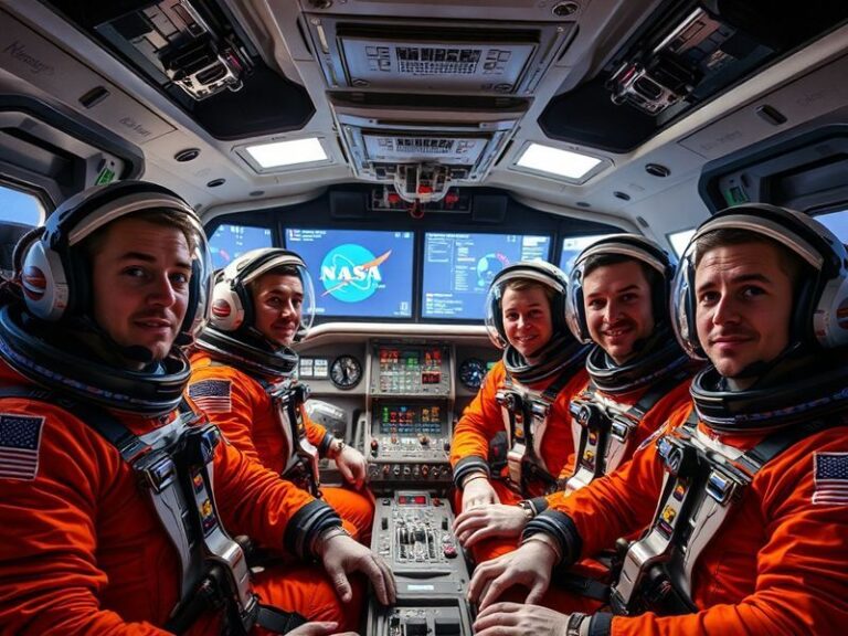 A conceptual illustration of the Artemis II crew in their Orion spacecraft, silhouetted against the Moon and Earth in the bac