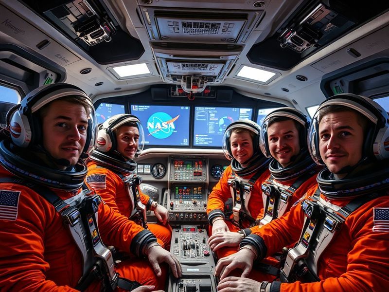 A conceptual illustration of the Artemis II crew in their Orion spacecraft, silhouetted against the Moon and Earth in the bac