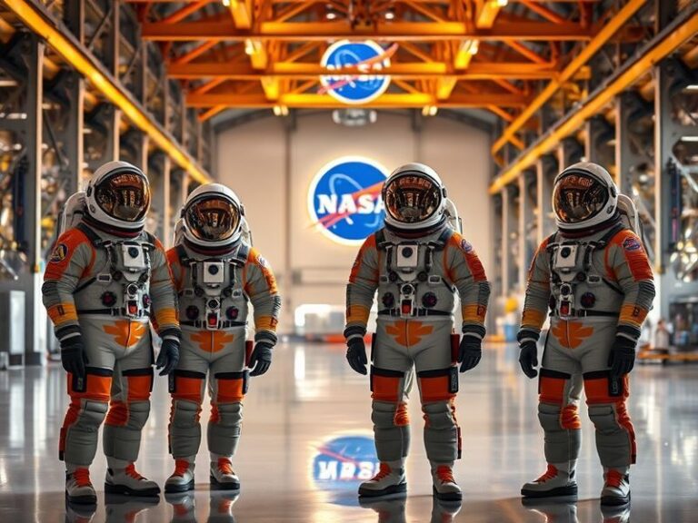 A photorealistic illustration of the Artemis II crew in their Orion spacecraft, silhouetted against the moon and Earth in the