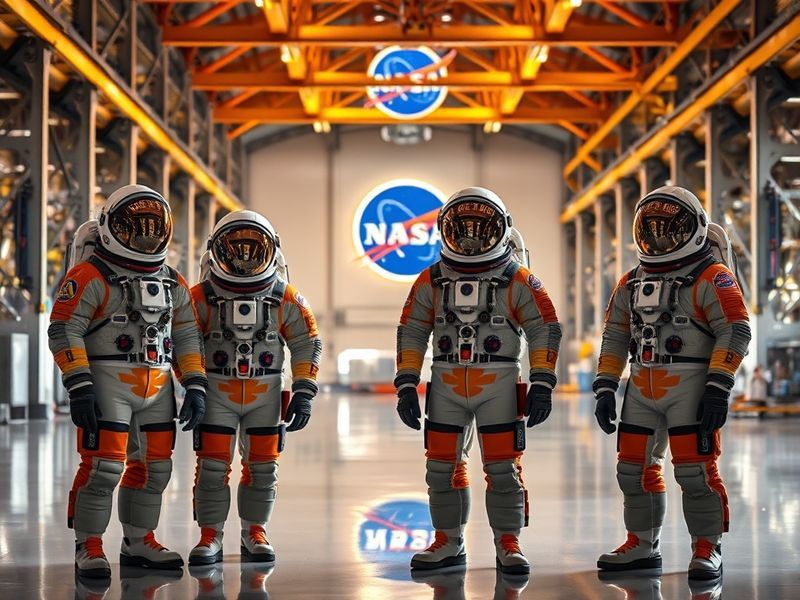 A photorealistic illustration of the Artemis II crew in their Orion spacecraft, silhouetted against the moon and Earth in the