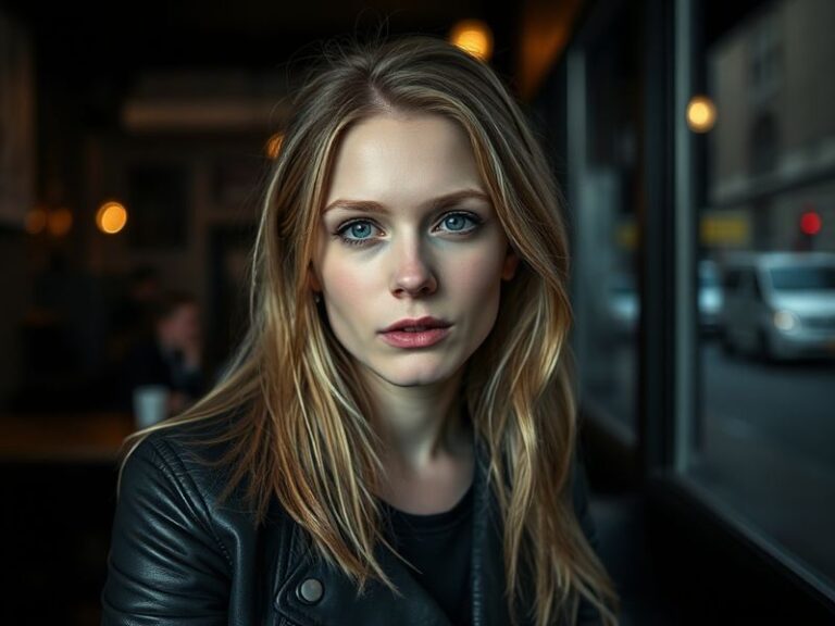 A professional headshot of Erin Moriarty in a modern, moody setting, wearing a stylish outfit that reflects her versatile rol