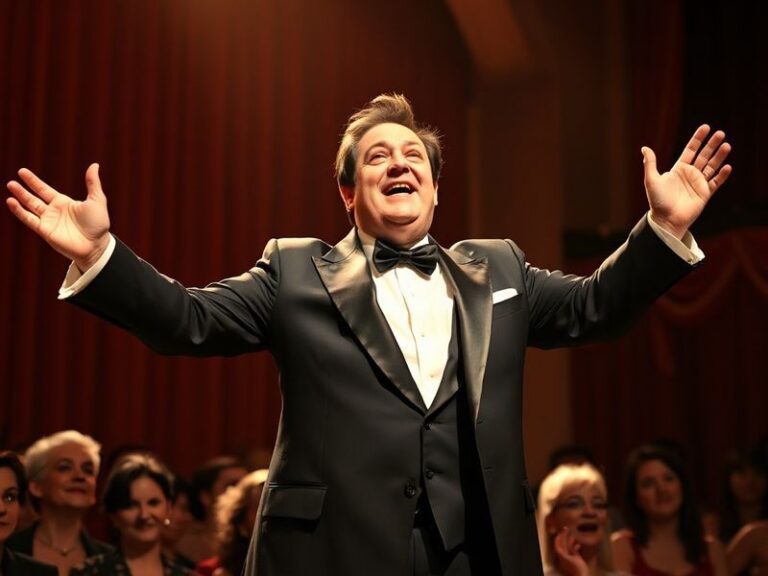 A well-lit portrait of Nathan Lane on stage in costume, mid-performance with a joyful expression, wearing a classic Broadway-