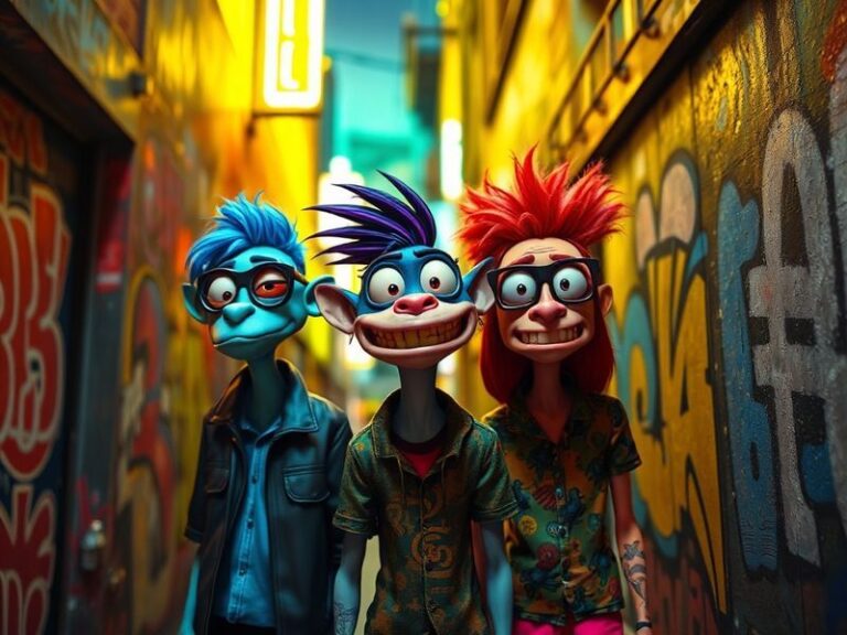 A vibrant, retro-futuristic illustration of the Gorillaz characters—2-D, Murdoc, Russel, and Noodle—standing on a surreal, cy