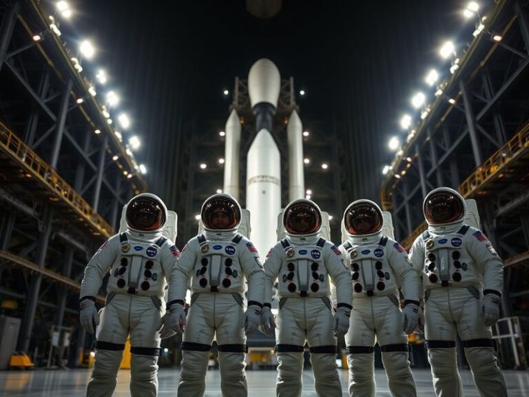 A high-resolution composite image of the Artemis II crew in their Orion spacecraft, with Earth visible in the background. The